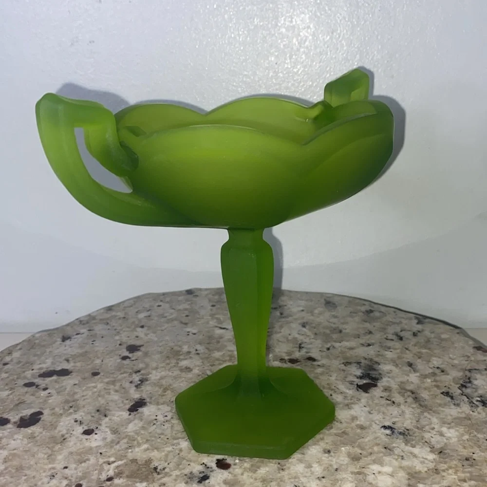 Vintage Westmoreland Avocado Green Satin Glass Pedestal Compote Candy Dish